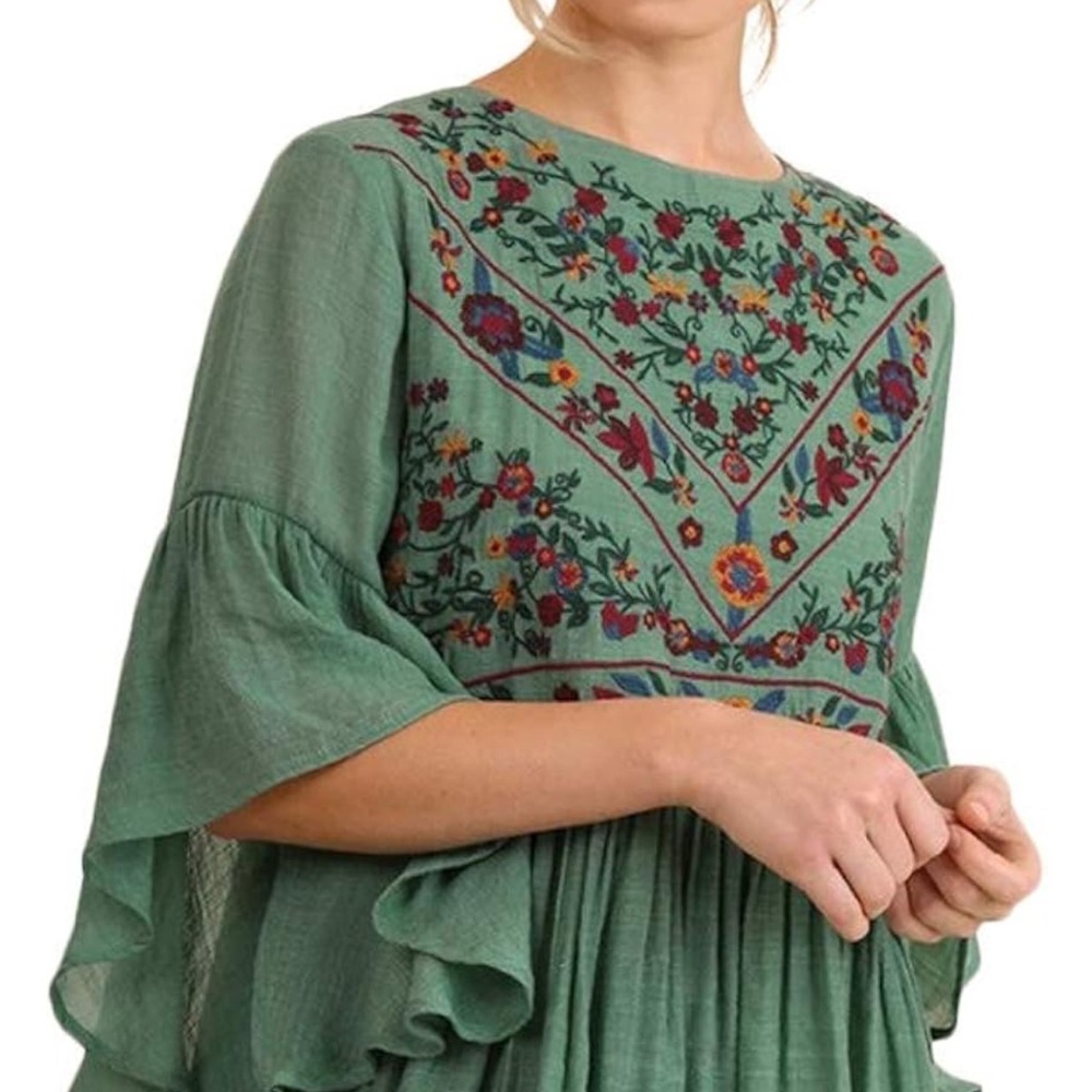 Umgee Boho Embroidered Floral Dress Green Tiered Flowy 3/4 Bell Sleeve Size L - Picture 8 of 10